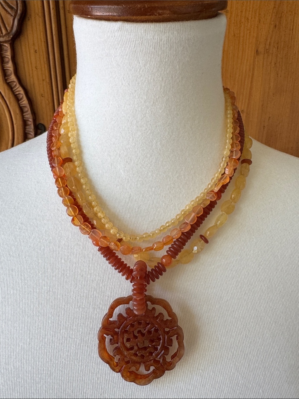 4-Multi-Strand Citrin Amber Bead Necklace with Carved Pendant - Amber/Yellow